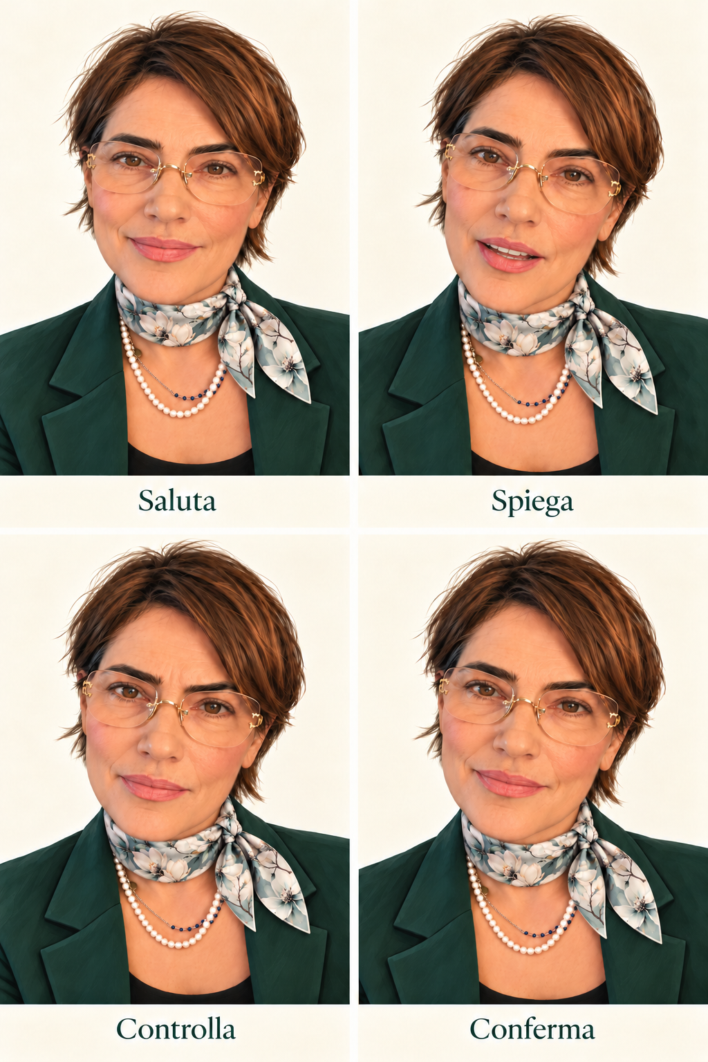 Laurà saluta con un sorriso e il foulard floreale annodato di lato