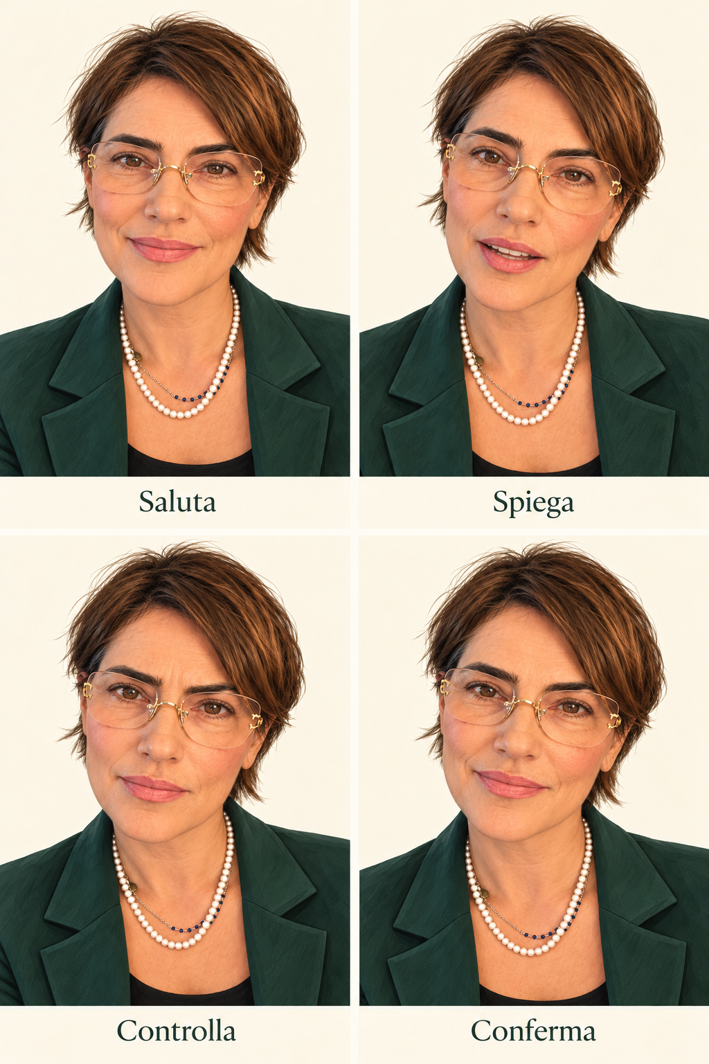 Laurà mentre spiega, con la testa leggermente inclinata e un’espressione attenta